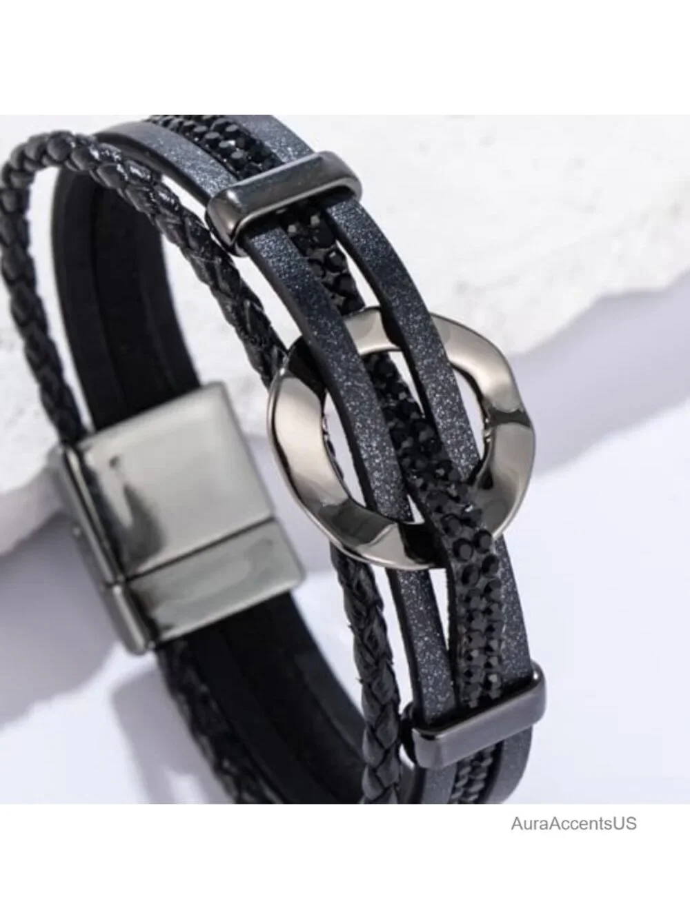 Braided Leather Wrap Bracelet Boho Rhinestone Cuff